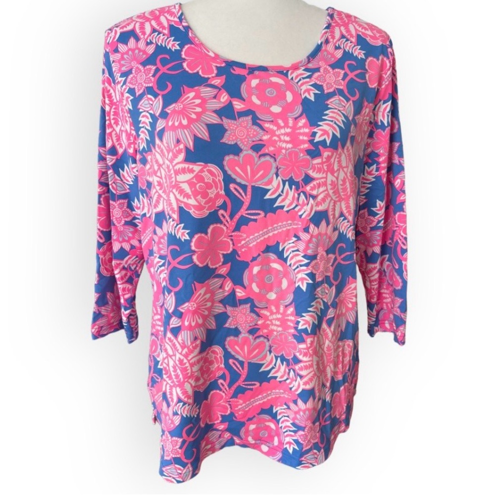 Lulu-B 3/4 Sleeve UPF 50+ Shirt Blue, Pink and White Floral Size L Resort Casual